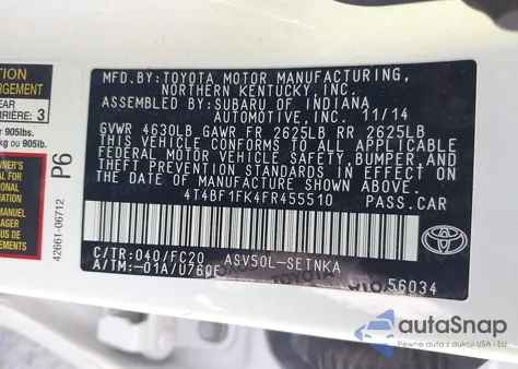 2015 Toyota Camry Le из США, поврежденный, VIN 4T4BF1FK4FR455510